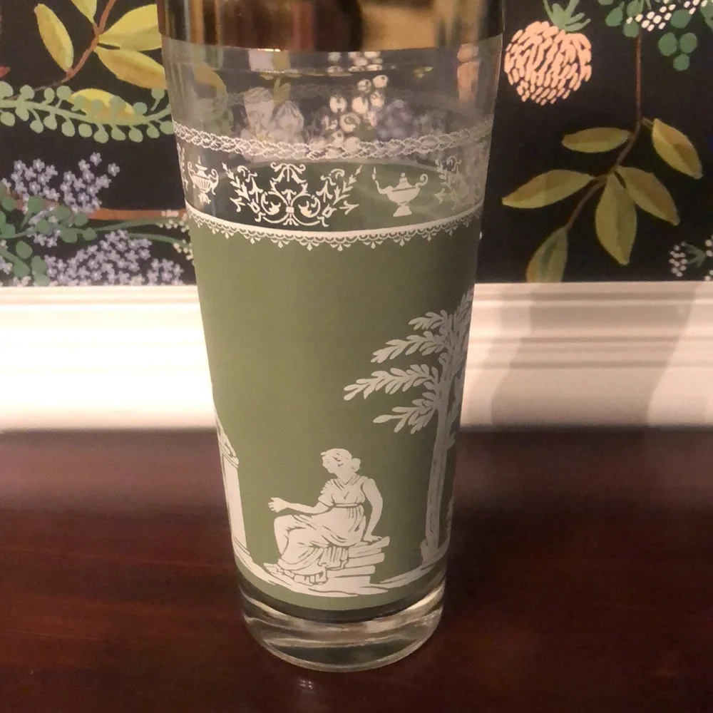 Vintage Sage Green & Gold Greek Scene Glass Cocktail Shaker